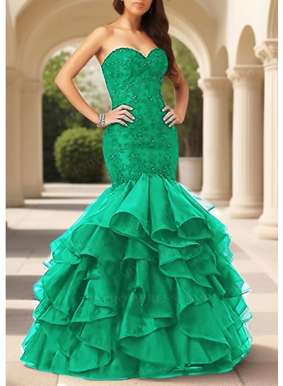 Emerald Sweetheart Ruffled Strapless Tulle Layered Mermaid Prom Dresses