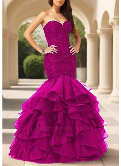 Fuchsia Sweetheart Ruffled Strapless Tulle Layered Mermaid Prom Dresses