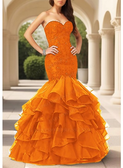 Orange Sweetheart Ruffled Strapless Tulle Layered Mermaid Prom Dresses