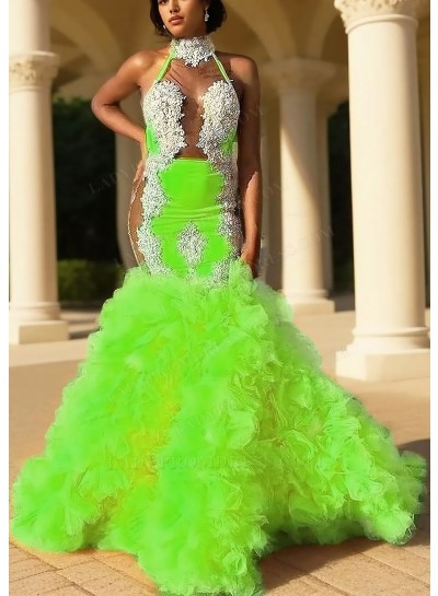Lime Green High Neck Tulle Layered Mermaid Prom Dresses