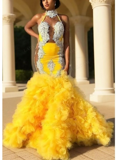Daffodil Halter Sheer High Neck Tulle Layered Mermaid Prom Dresses
