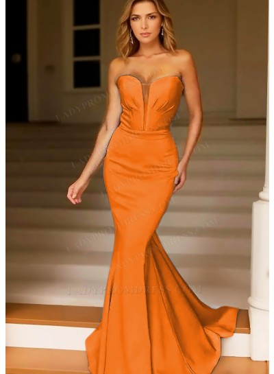 Orange Strapless Satin Mermaid Prom Dresses with Plunging Neckline