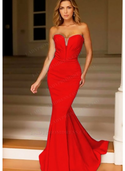 Red Strapless Satin Mermaid Prom Dresses with Plunging Neckline