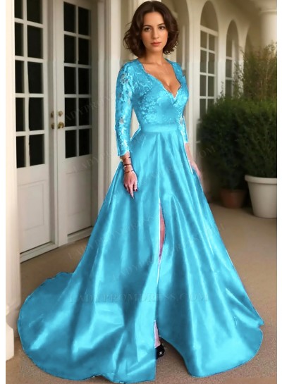 Blue Long Sleeves Satin Formal Prom Dresses with Lace Appliques