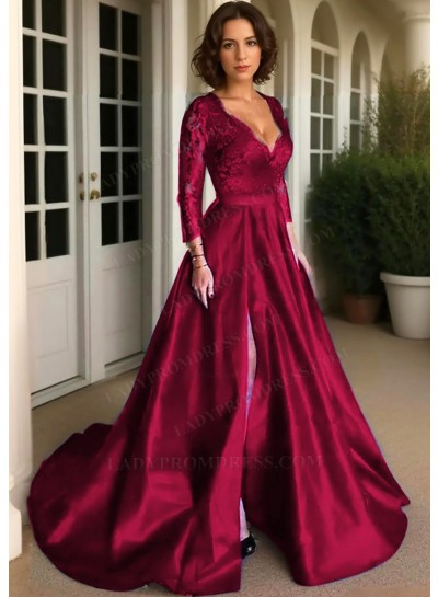 Burgundy Long Sleeves Satin Formal Prom Dresses with Lace Appliques