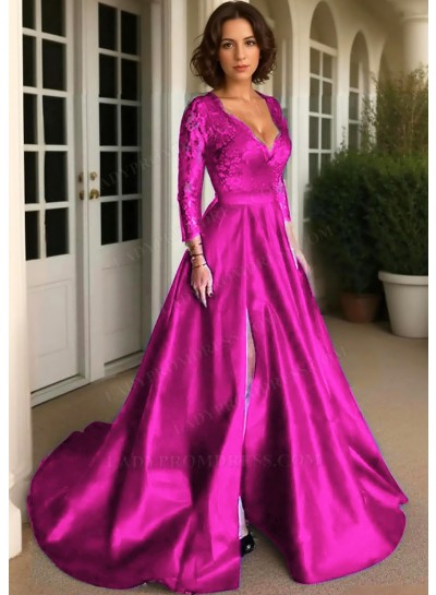 Fuchsia Long Sleeves Satin Formal Prom Dresses with Lace Appliques