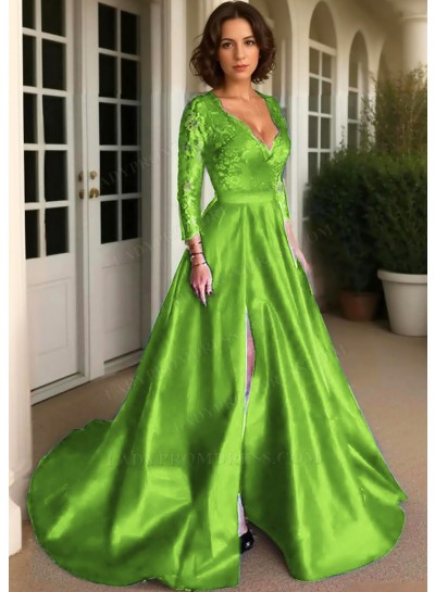 Lime Green Long Sleeves Satin Formal Prom Dresses with Lace Appliques