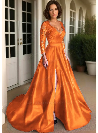Orange Long Sleeves Satin Formal Prom Dresses with Lace Appliques