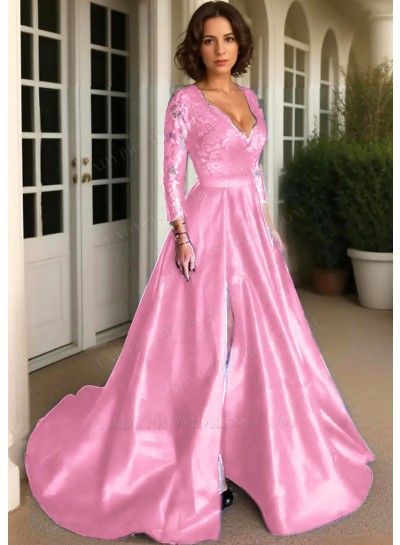 Pale Pink Long Sleeves Satin Formal Prom Dresses with Lace Appliques