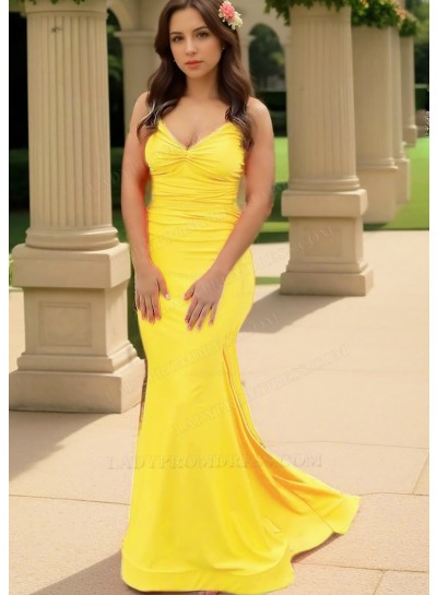 Daffodil Spaghetti Straps Ruched Sleeveless Satin Slim Fit Prom Dresses