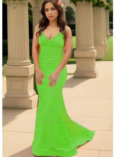 Lime Green Spaghetti Straps Ruched Sleeveless Satin Slim Fit Prom Dresses