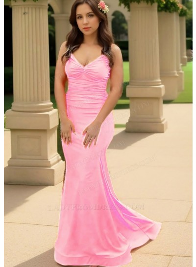 Pale Pink Spaghetti Straps Ruched Sleeveless Satin Slim Fit Prom Dresses