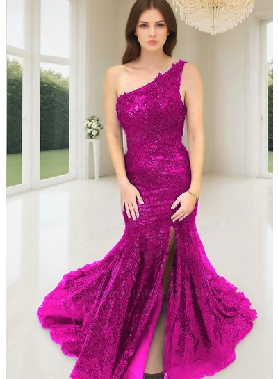 Fuchsia One Shoulder Sequins Side Slit Mermaid Formal Prom Dresses