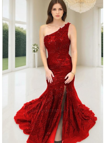 Red One Shoulder Sequins Side Slit Mermaid Formal Prom Dresses