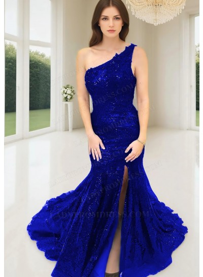 Royal Blue One Shoulder Sequins Side Slit Mermaid Formal Prom Dresses