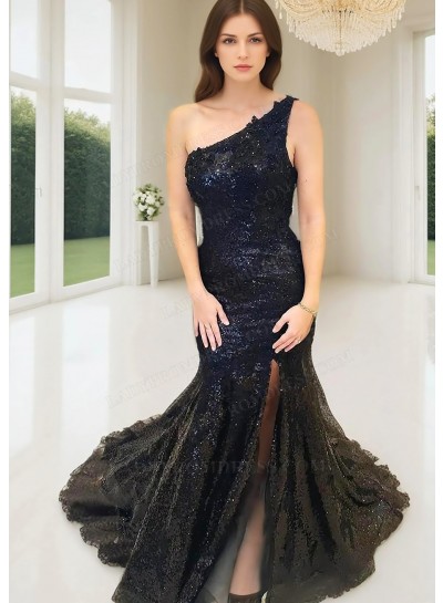 Black One Shoulder Sequins Side Slit Mermaid Formal Prom Dresses