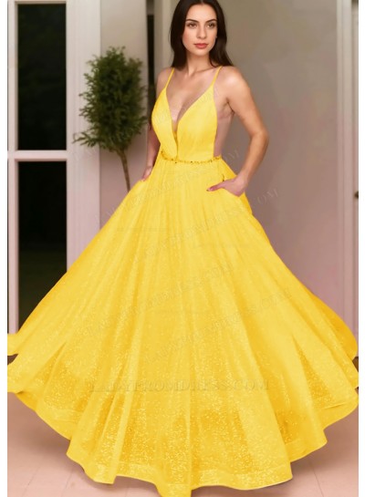Daffodil Ball Gown Spaghetti Straps Sequins Prom Dresses with Beaded Belt