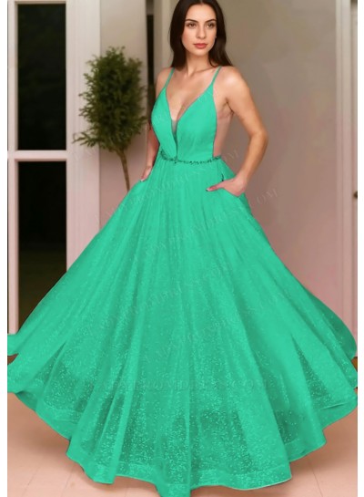 Emerald Ball Gown Spaghetti Straps Sequins Prom Dresses with Beaded Belt