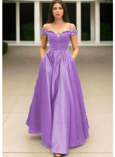 Lilac Off the Shoulder Satin Ball Gown Prom Dresses with Appliques