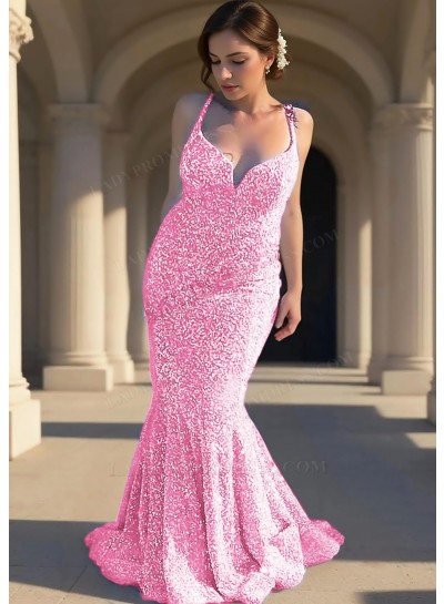 Pale Pink Sequins Spaghetti Straps V-Neck Mermaid Prom Dresses with Ruffles