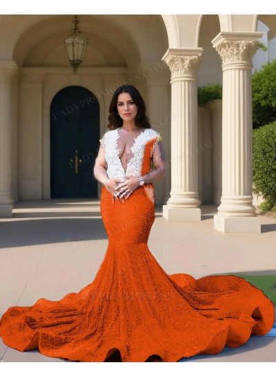 Orange V-neck Sequins Cap Sleeves Mermaid Prom Dresses with Beaded