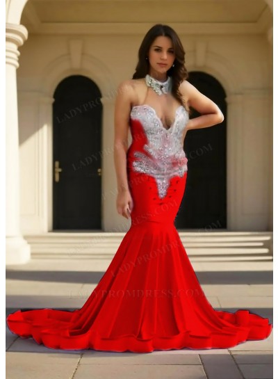 Red Halter Satin Ruffles Mermaid Prom Dresses with Beaded