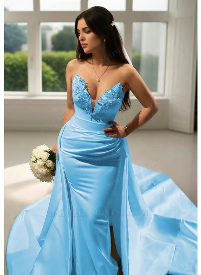 Blue Satin V-Neck Formal Sheath Prom Dresses with Beaded