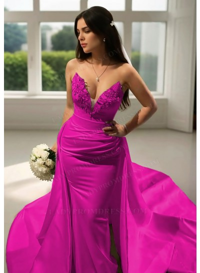 Fuchsia Satin V-Neck Formal Sheath Prom Dresses with Beaded