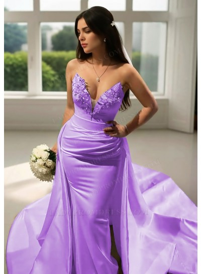 Lilac Satin V-Neck Formal Sheath Prom Dresses with Beaded