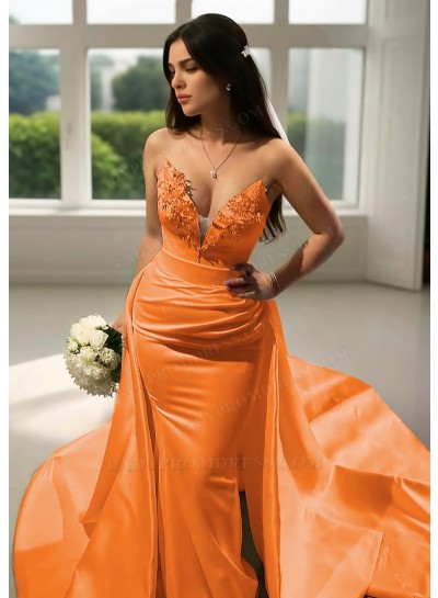 Orange Satin V-Neck Formal Sheath Prom Dresses with Beaded