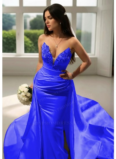 Royal Blue Satin V-Neck Formal Sheath Prom Dresses with Beaded