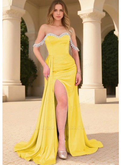 Daffodil Satin Off the Shoulder Side Split Prom Dresses with Beaded