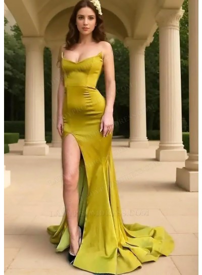 Sage Green Strapless Side Slit Sheath Formal Prom Dresses