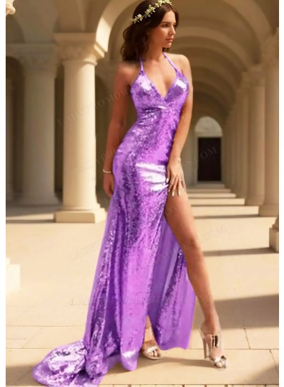 Lilac Sparkling Sequined V-Neck Halter Evening Prom Dresses