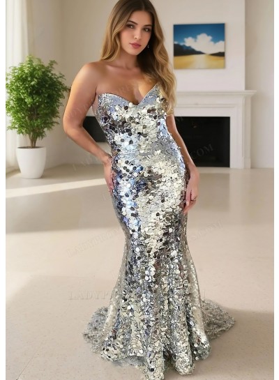 Silver Strapless Sweetheart Fishtail Reflective Mermaid Prom Dresses