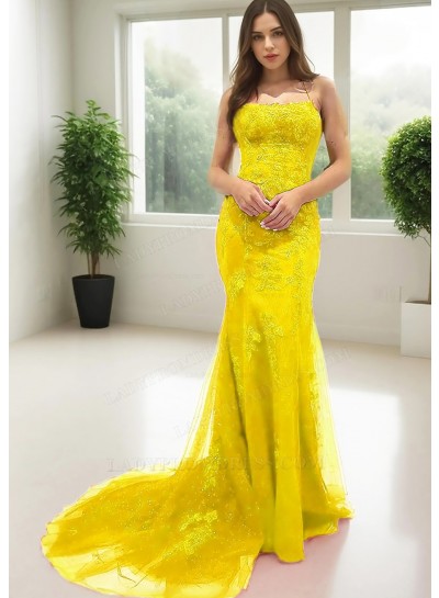 Daffodil Spaghetti Straps Floor Length Sheath Prom Dresses with Appliques