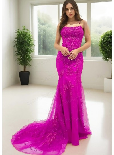 Fuchsia Spaghetti Straps Floor Length Sheath Prom Dresses with Appliques