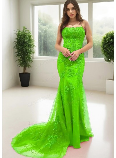 Lime Green Spaghetti Straps Floor Length Sheath Prom Dresses with Appliques