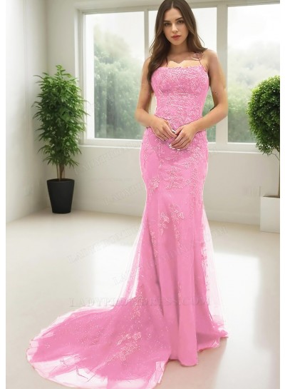 Pale Pink Spaghetti Straps Floor Length Sheath Prom Dresses with Appliques