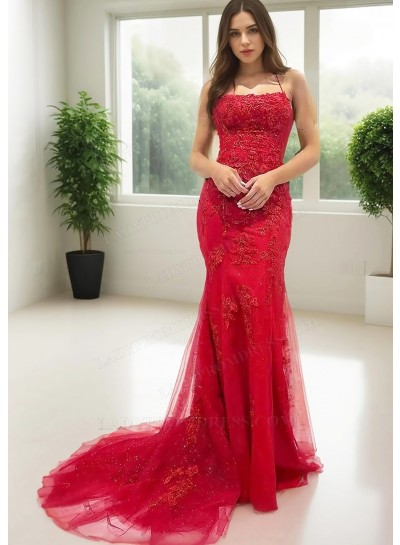 Red Spaghetti Straps Floor Length Sheath Prom Dresses with Appliques