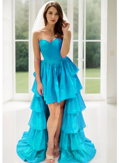 Blue Sweetheart Layered High Low Prom Dresses with Ruffled