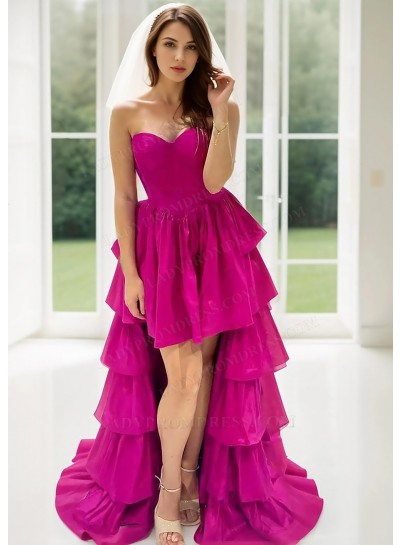 Fuchsia Sweetheart Layered High Low Prom Dresses with Ruffled