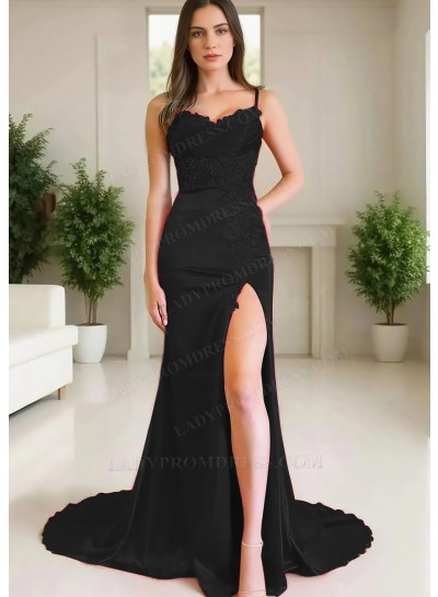 Black Spaghetti Straps Satin High-Slit A-line Prom Dresses with Appliques