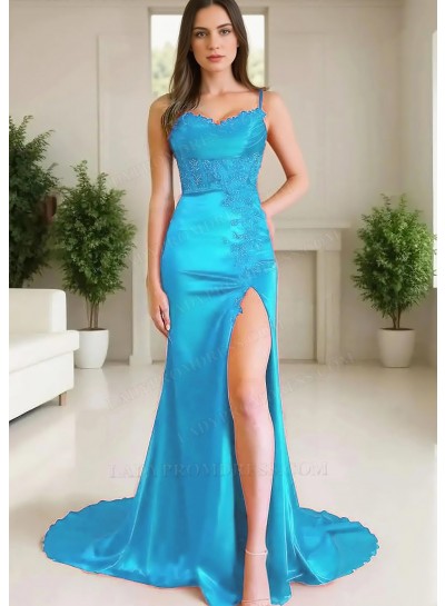 Blue Spaghetti Straps Satin High-Slit A-line Prom Dresses with Appliques