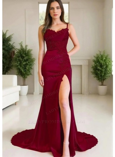 Burgundy Spaghetti Straps Satin High-Slit A-line Prom Dresses with Appliques