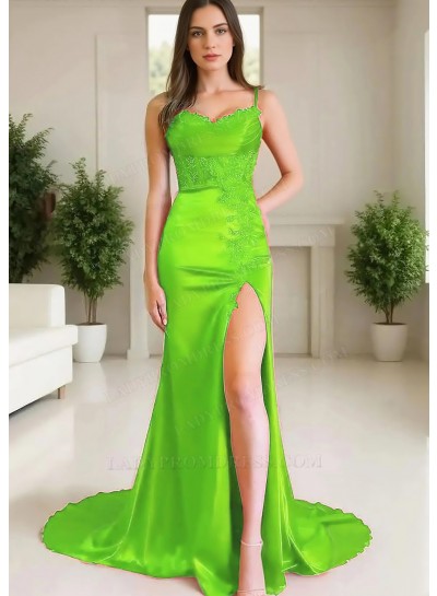 Lime Green Spaghetti Straps Satin High-Slit A-line Prom Dresses with Appliques