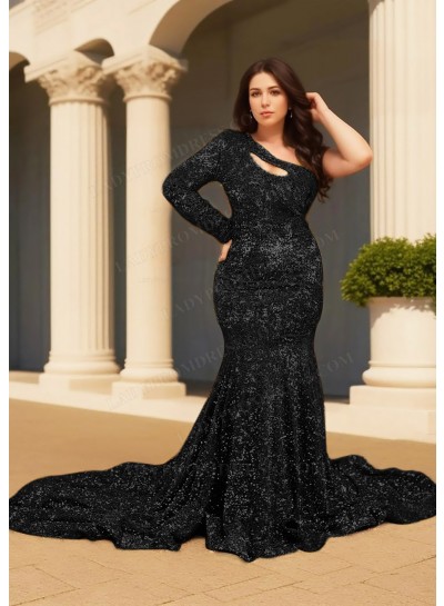Black One Shoulder Long-Sleeve Hollow Collar Sequined Mermaid Prom Dresses