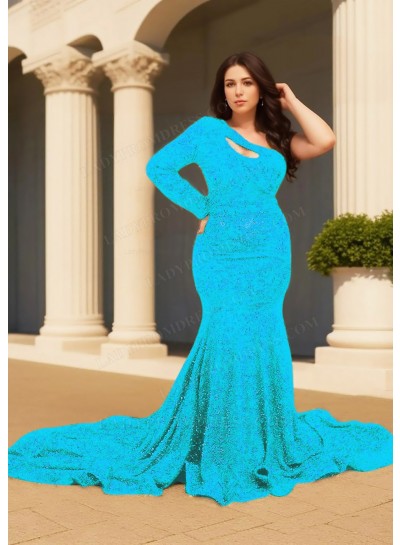 Blue One Shoulder Long-Sleeve Hollow Collar Sequined Mermaid Prom Dresses