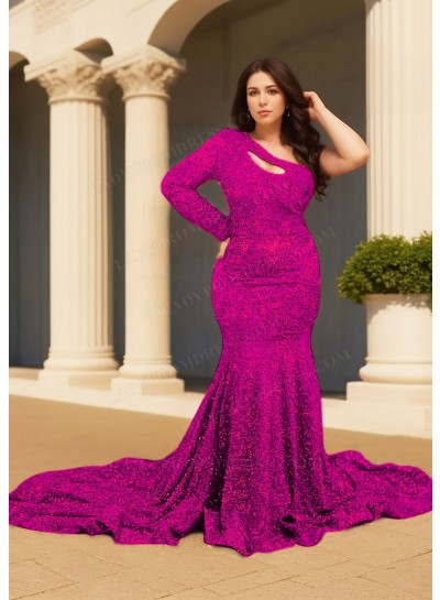 Fuchsia One Shoulder Long-Sleeve Hollow Collar Sequined Mermaid Prom Dresses