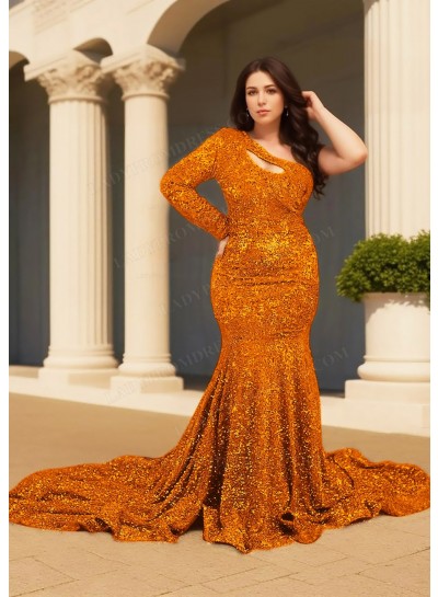 Orange One Shoulder Long-Sleeve Hollow Collar Sequined Mermaid Prom Dresses